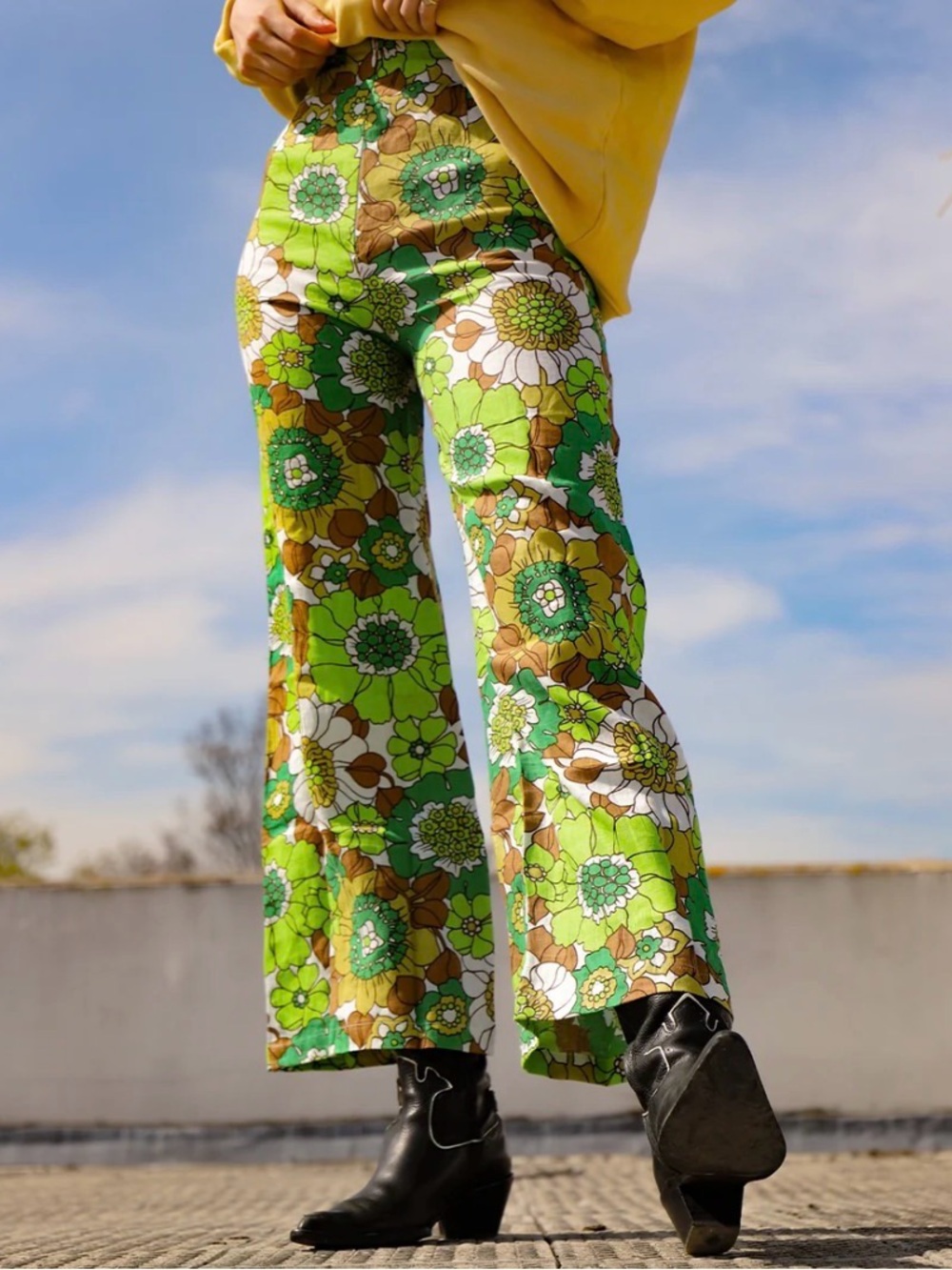 Faithfull the Brand Lime & Brown Floral Wide-Leg Pants
